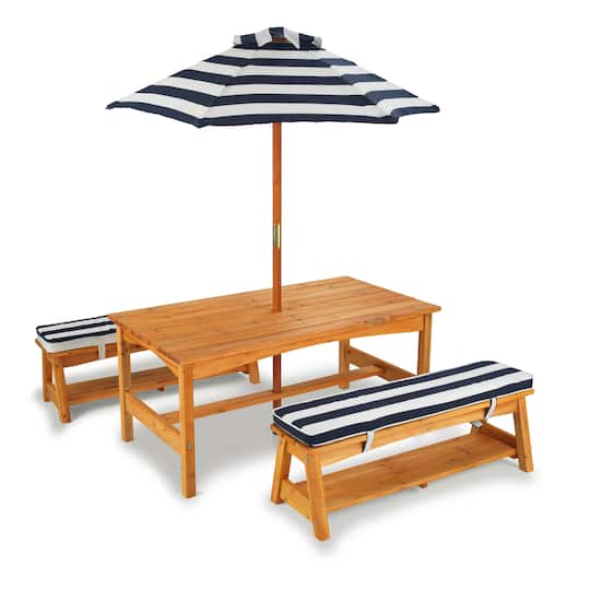 KidKraft Navy &#x26; White Stripes Outdoor Table &#x26; Bench Set with Cushions &#x26; Umbrella